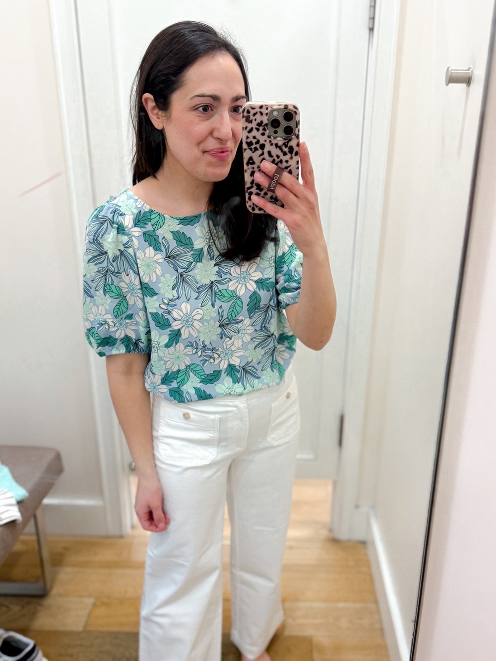 LOFT Light Blue Floral Short Sleeve Blouse with Green Leaves